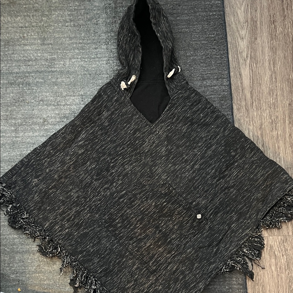 Gray Hooded Poncho with Fringe